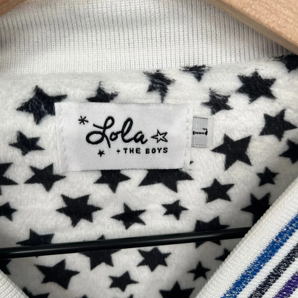 Lola + the Boys Sequins Star Bomber Jacket Kids Large White Iridescent Shimmer